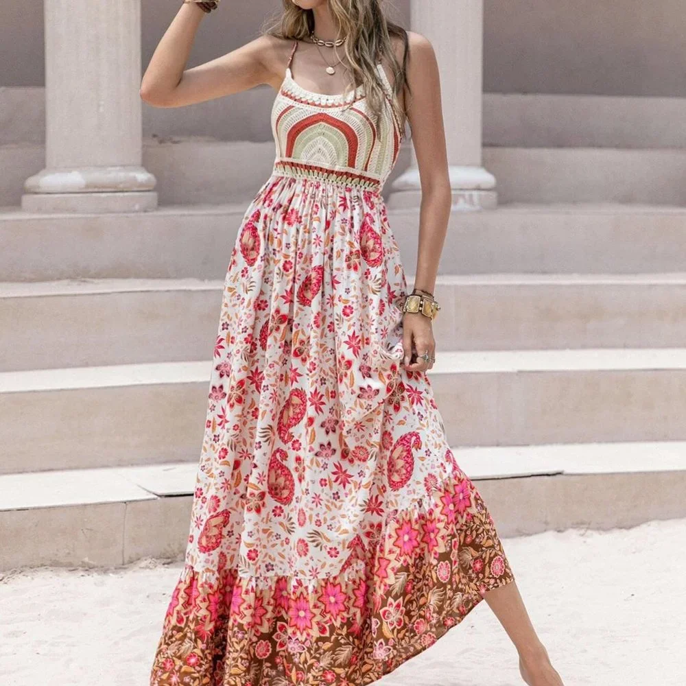 Boho Shabby Chic Multicolor Preppy Womens Maxi Dress - Picture 2 of 5